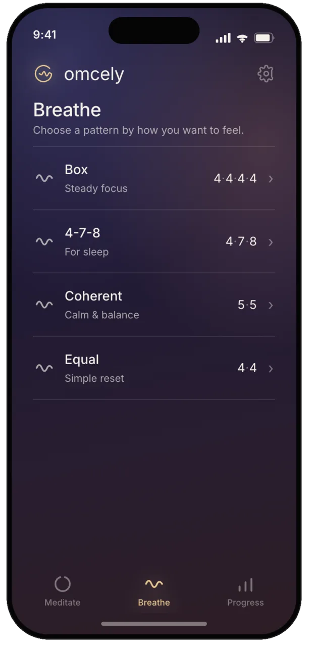 Omcely breathing patterns: Box, 4-7-8, Coherent, and Equal.