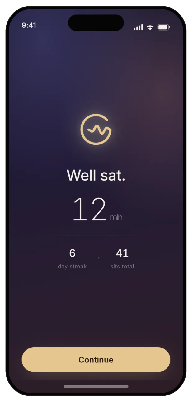 An Omcely session summary: 12 minutes, a 6-day streak, 41 sits total. No leaderboard.