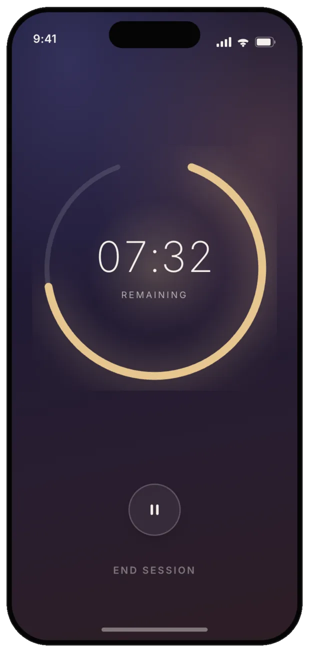 An Omcely meditation session in progress: a calm circular timer at 7:32 remaining.