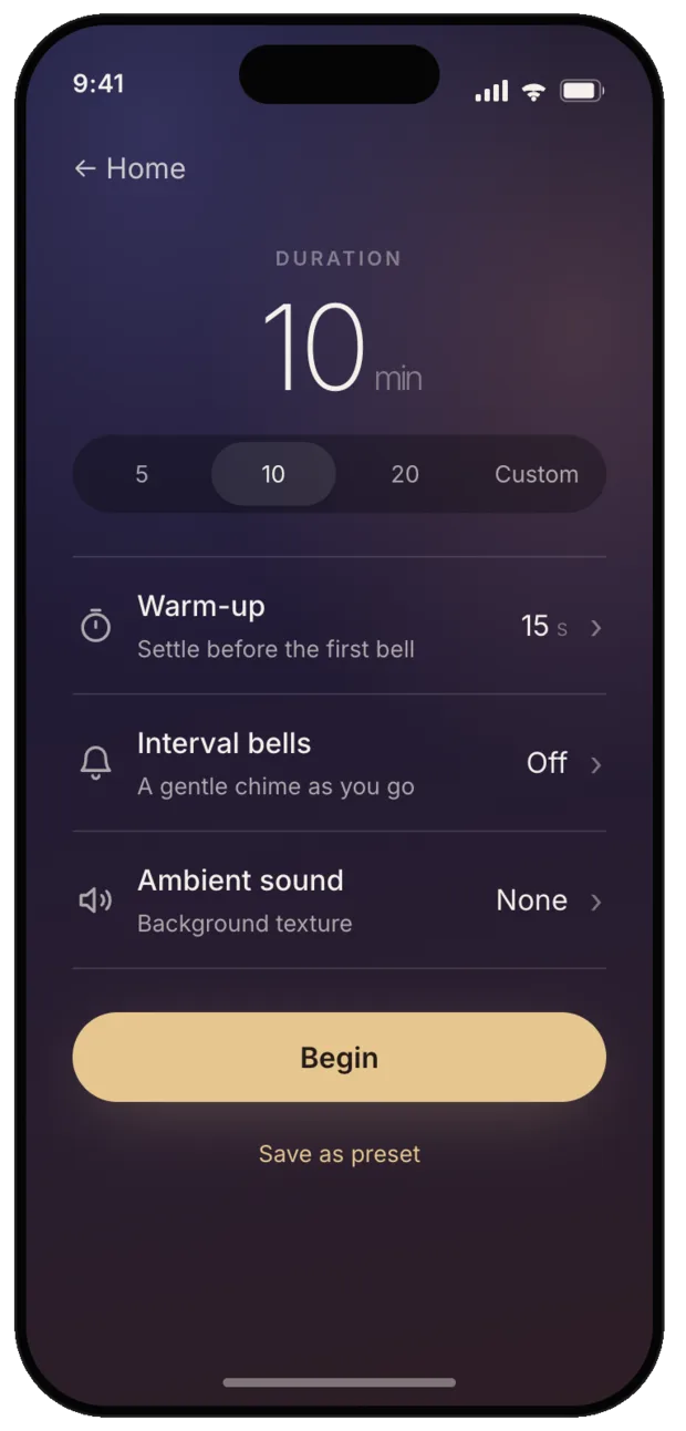 Omcely session setup: duration, warm-up, interval bells, and ambient sound.